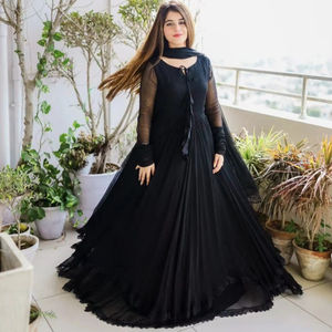 Dernier modèle FATEMA FASHION, Salwar Kameez en Georgette à franges avec dentelle, avec Dupatta, séchage rapide, noir, pour les fêtes, toutes saisons - Product Image 1