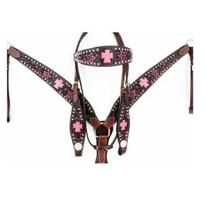 ชุดหัวและที่รองแขนแบบตะวันตกหนังสีน้ำตาลพรีเมี่ยมดีไซน์ไขว้สีชมพูอุปกรณ์ด้วยมือผู้ผลิตขายส่ง - Product Image 1