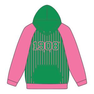1908 Green Body Pink Raglan Pinstripes Pullover Sudadera con capucha Mezcla de algodón Hermandad de mujeres griega Ropa personalizada Divine Nine HBCU Greek Life - Product Image 2