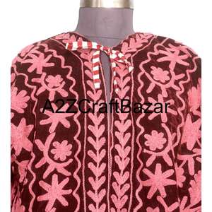 Handmade Vintage Winter Velvet Jacket with Floral Embroidery O- Neck Suzani-Style Border Length <b>Wool</b> Lining Breathable - Product Image 3