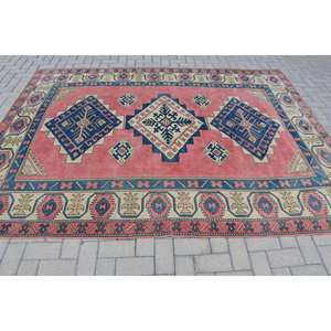 Alfombra de lana Kilim vintage, diseño de retazos rojo y azul de 7x9,3 pies para entrada, material de poliéster de yute con respaldo de látex de 10mm de espesor - Product Image 3