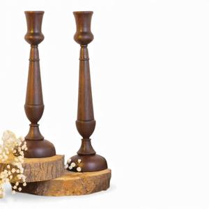 Elegant <b>Tall</b> Minimal Wooden <b>Candle</b> Holders Set With Modern Shape And Natural Grain Texture - Product Image 4