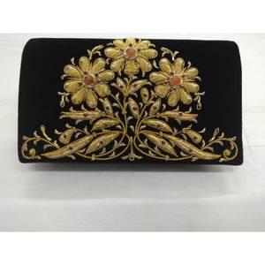 À la mode dames toile pochette sacs à main avec fermeture éclair haut mode avant Zari broderie Semi pierres précieuses perle chaîne perles décoration - Product Image 5