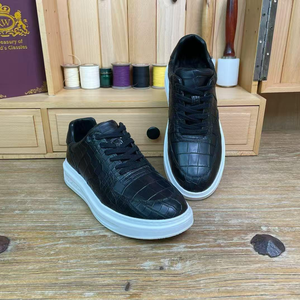 Sneakers décontractées en cuir de crocodile noir 100% pour hommes, chaussures à plateforme à lacets - Product Image 2