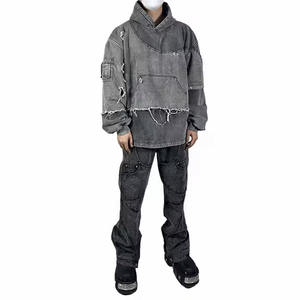 Venta al por mayor ropa de calle personalizada rasgada hombres piedra lavado con ácido de alta calidad de doble capa dobladillo crudo desgastado Sudadera con capucha para hombres - Product Image 3