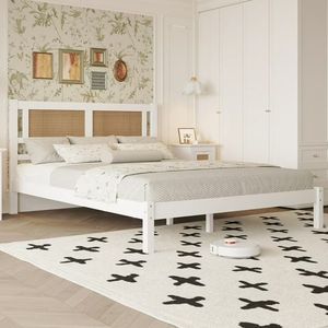 เตียงไม้สักสีขาวแบบเรียบง่ายพร้อมหัวเตียงหวายดีไซน์ทนทาน - Product Image 1