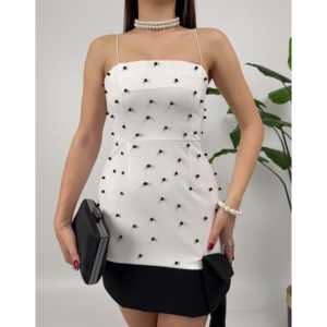 Vestido Mini Ajustado de Satén 2046 con Detalle de Lazo Adornado con Perlas y Diseño sin Tirantes - Product Image 5