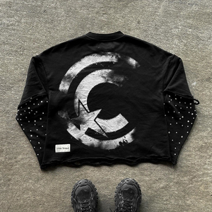 Camisetas de algodón grueso lavado desgastado Vintage para hombre, camiseta de manga larga con diamantes de imitación y logotipo de serigrafía personalizado de doble capa - Product Image 1