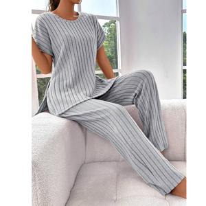 Conjuntos de dos piezas para mujer, camiseta informal de manga corta de Color sólido, Pantalones, camiseta bordada a la moda con cuello redondo del proveedor de BD - Product Image 4