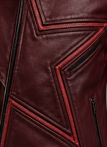 Men's <b>Burgundy</b> <b>Leather</b> <b>Jacket</b> Moto Biker Style With Belt and Zipper Closure - Product Image 4