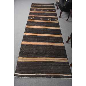 Vintage Turkish <b>Runner</b> Rug 3.8x11.3 ft, <b>Black</b> Brown Ikat Rug - Product Image 1