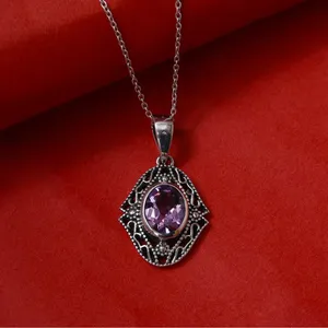 Collier pendentif vintage en argent 925 avec améthyste et chaîne en rhodium pour femme, à porter au quotidien - Product Image 1