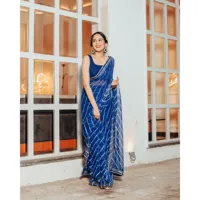 Sari Banarasi Leheriya Bleu Cloche, Chiffon Pur de Haute Qualité, Robe Ethnique Indienne, Taille Unique pour Filles, Tenue de Soirée, Bollywood, Pakistan
