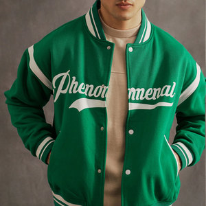 Green <b>Men's</b> Varsity <b>Jacket</b> <b>White</b> Lettering Preppy Style Regular Fit 100% Wool Material Stand Collar Patchwork Reversible - Product Image 2