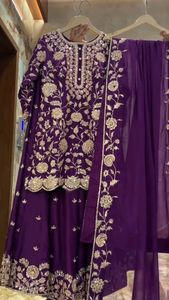 Bordado de secuencia de boda pakistaní indio, trabajo púrpura, azul cielo, Top y Plazzo con Duptta, conjunto exclusivo, ropa elegante para mujer y Niña - Product Image 5