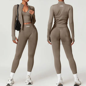 Venta al por mayor Active Wear Tennis Gym Fitness Conjunto de 3 piezas Sujetador deportivo Leggings Chaqueta Cintura alta Transpirable Secado rápido Logotipo frontal - Product Image 2