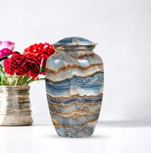 Urne moderne en aluminium abstraite bleue de 10 pouces grand souvenir en métal pour femme adulte fournitures funéraires en gros objet décoratif - Product Image 5