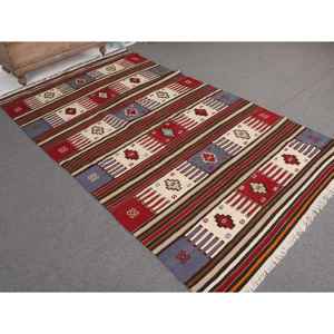 Tapis turc vintage 4,9x7,5 pieds, tapis en laine rouge et bleu à motifs floraux - Product Image 1