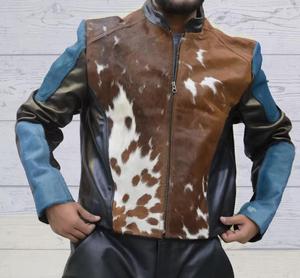 Veste en cuir de vache véritable pour homme, style western, marron et blanc, avec poils naturels - Product Image 5