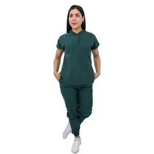 Women's Surgical Jogger Bottle Scrub Set Short Sleeve Mao-Neck Top And Jogger Pants Custom