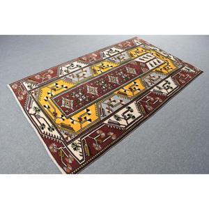4.2x7.3 ft Vintage Area Rug, <b>Brown</b> Yellow Turkish Ikat <b>Wool</b> Rug - Product Image 4