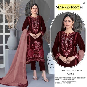 Salwar Kameez en velours de viscose lourd de haute qualité avec broderie, séquence et dupatta en filet tourbillonnant, style moderne pour les festivals et les fêtes - Product Image 5