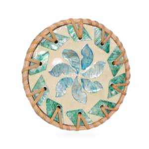 Handmade Mother of Pearl Coaster with Natural Rattan Rim for Dining <b>Table</b> Decor and Elegant Drink <b>Protection</b> from Vietnam - Product Image 1