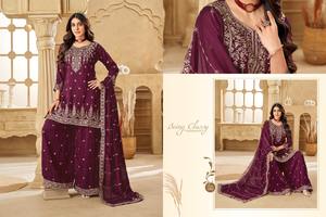 Conjunto tradicional de seda Vichitra, hermoso bordado de lentejuelas, diseñador de trabajo, ropa de fiesta, recién lanzado, corto Kurti Palazzo indio - Product Image 6