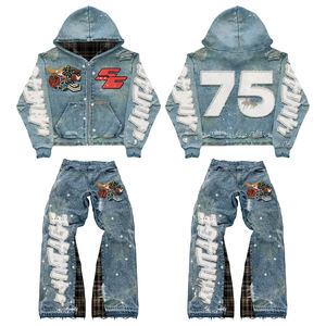 ชุดเซ็ตเสื้อฮู้ดดี้และกางเกงวอร์มผ้าฝ้ายปักลายคริสตัลแบบซิป สไตล์ย้อมสีซีดแบบซันเฟด พิมพ์ลายสกรีน สำหรับผู้ชาย - Product Image 1