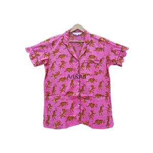 Conjunto de Pijama de Lujo Elegante y Suave de Algodón Orgánico Puro y Transpirable para Mujer, Estampado Ikat, Manga Corta, Cintura Elástica, para Descansar en Verano - Product Image 2