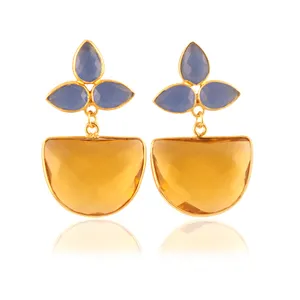 Charming personality women earring faceted blue chalcedony & citrine quartz earring 24k gold plated party gifts earrings jewelry
