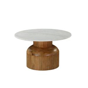 Table basse ronde en marbre et bois à nervures avec un design moderne et une base en bois de manguier, meubles de salon, meubles de maison - Product Image 2
