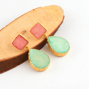 Beautiful Double Color Natural Sugar Druzy studded <b>Dangle</b> <b>Earring</b> Brass 18k <b>Gold</b> Plated Designer Collet Texture Drop <b>Earrings</b> - Product Image 1