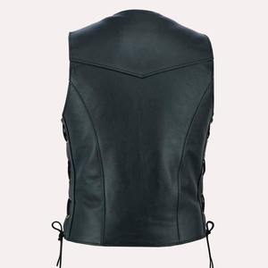 Gilet de moto en cuir marron antique pour homme, en cuir de vachette, col rond, boutons recouverts, fermeture à boutons, respirant pour l'automne - Product Image 5