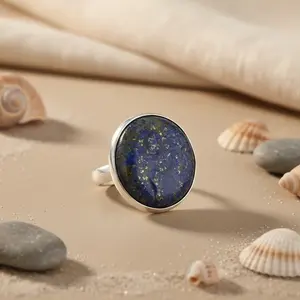 Bague statement en argent sterling 925 plaqué or rose et 18 carats, incrustation de lapis-lazuli, pierres précieuses naturelles, forme de chiffre - Product Image 3