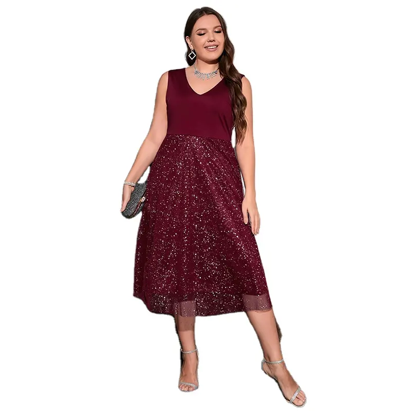 Plus Size Women's Dresses V-neck Sexy Red Polka-Dot Bling Cocktail Dresses Party Dresses