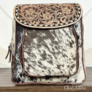 กระเป๋าเป้สะพายหลังหนังวัวแบบถือขนาดใหญ่สำหรับผู้หญิงกระเป๋าเป้สะพายหลังขนแกะสไตล์ตะวันตกสำหรับกลางวันสไตล์วินเทจแกะสลักลายดอกไม้ - Product Image 1