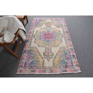 Alfombra de retales de lana Vintage de 4x6,7 pies, alfombra rectangular con patrón de rompecabezas Rosa Beige para sala de estar, técnica de tejido de látex para coche - Product Image 1