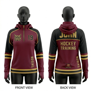 เสื้อฮู้ดฮอกกี้น้ำแข็งพรีเมียม 320 GSM โพลีเอสเตอร์ผสมสแปนเด็กซ์ สีแดงเลือดหมู ดีไซน์แผงสีดำ ปักลายแบบกำหนดเอง โลโก้แบบซับลิเมชั่น - Product Image 1