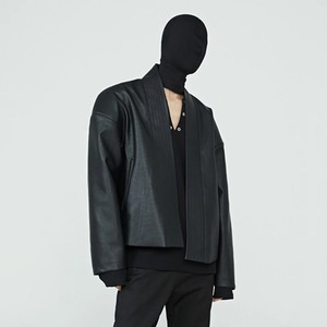 2024 nouvelle veste en cuir sans col pour hommes à la mode manteau en toile à manches longues ample avec personnalité de Style sombre - Product Image 5