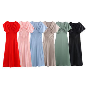 Vestido Largo Casual de Verano para Mujer, Estilo Informal, de Satén Sedoso, 6 Colores, Cuello en V, Manga Corta, Estilo Imperio, Chifón, Tipo Lápiz, para Primavera - Product Image 1