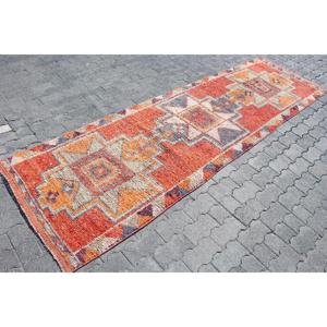 Turkish Herki <b>Runner</b> Rug 3x9.9 ft (90x302 cm), Vintage <b>Red</b> Polka dot Wool Rug - Product Image 3