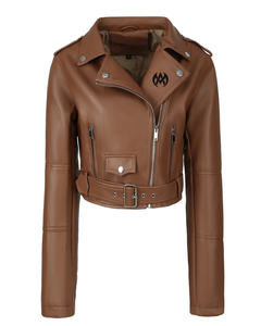 Automne 2025 femmes nouvelle veste de moto en cuir marron véritable coupe ajustée avec ceinture courte plaine teint Imitation cuir - Product Image 1