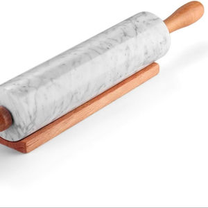White Marble Rolling Pin 10 Inch with Wooden Handle and Holder Base Stand for <b>Baking</b> Pastry Pizza Dough Fondant Cookies Pie Kit - Product Image 1