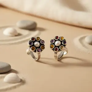 Anillos de Dedo de Plata 925 con Piedras Preciosas, Acero Inoxidable Chapado en Oro con Diseño de Flor de Diamante, Piedra de Colores para Boda o Compromiso - Product Image 1