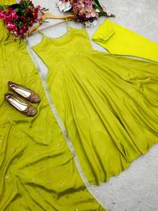 Ropa étnica india, seda Chinon pesada con secuencia bordada, trabajo, vestidos Anarkali de lujo con pantalón Dupatta para vestido de boda - Product Image 4