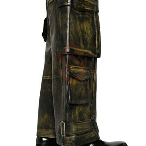 Black Vintage <b>Leather</b> <b>Cargo</b> <b>Pants</b> For Men's Genuine Sheep Hide <b>Leather</b> Loose Fit Trousers with 6 Pockets - Product Image 2