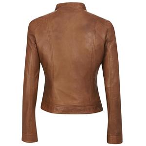 Veste en cuir de moto en peau de mouton véritable marron foncé pour femmes coupe ajustée hiver col montant respirant motif solide fini - Product Image 6