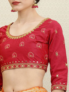 Sari de fête en soie pure brodée pour femmes Trendmalls avec pièce de chemisier non cousue pour les occasions de mariage (K1113-Orange) - Product Image 5