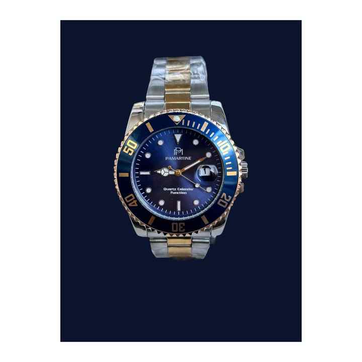Gold Navy Blue Active Calendar Function Rotating Bezel Steel Strap Men's Wristwatch Bracelet Gift